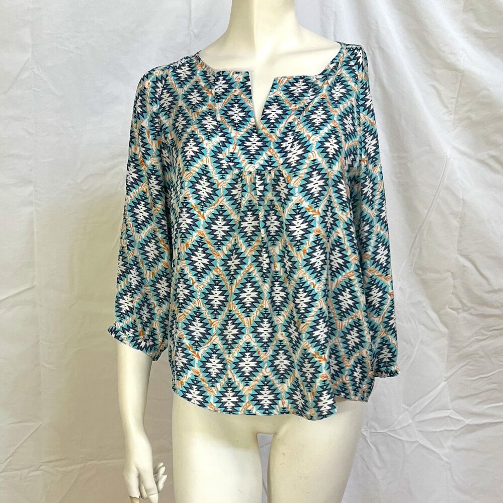 Ellie Kai Silk Blouse 3/4 length sleeves, orange turquoise navy blue, size 4